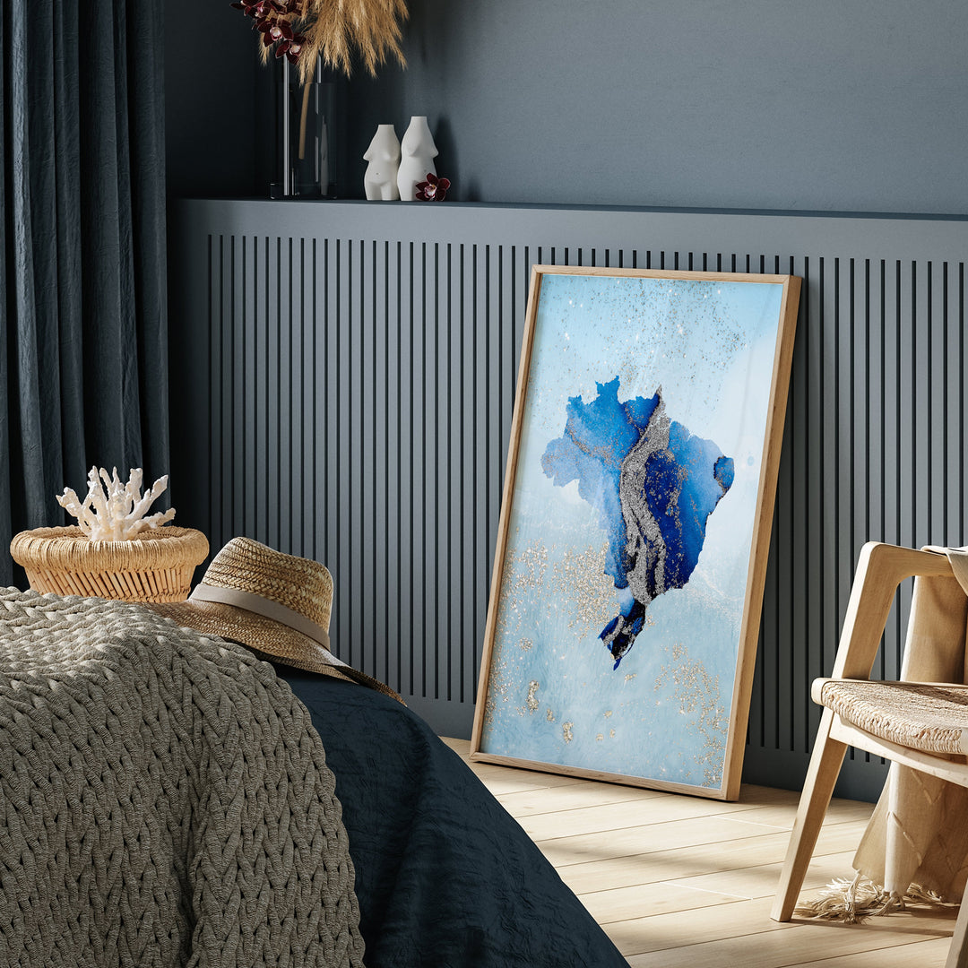 Brasil Map Shades of Blue & Silver Wall Art Print | Brazil