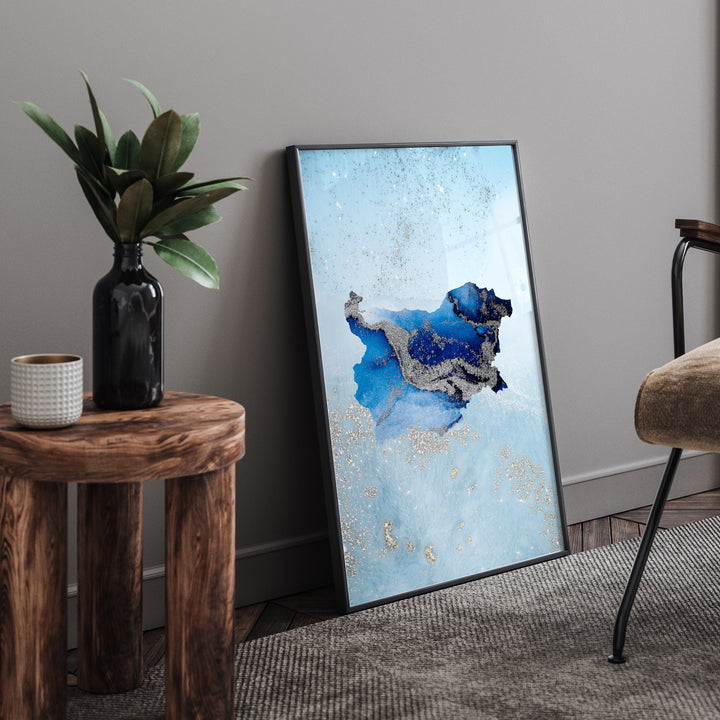 Bulgaria Map Shades of Blue & Silver Wall Art Print