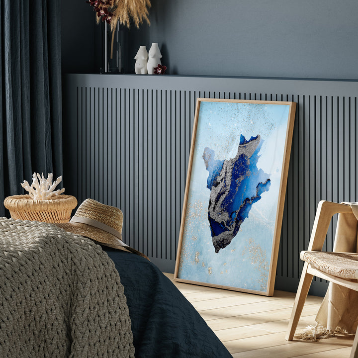 Burundi Map Shades of Blue & Silver Wall Art Print