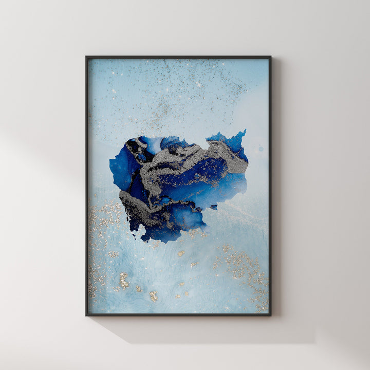 Cambodia Map Shades of Blue & Silver Wall Art Print