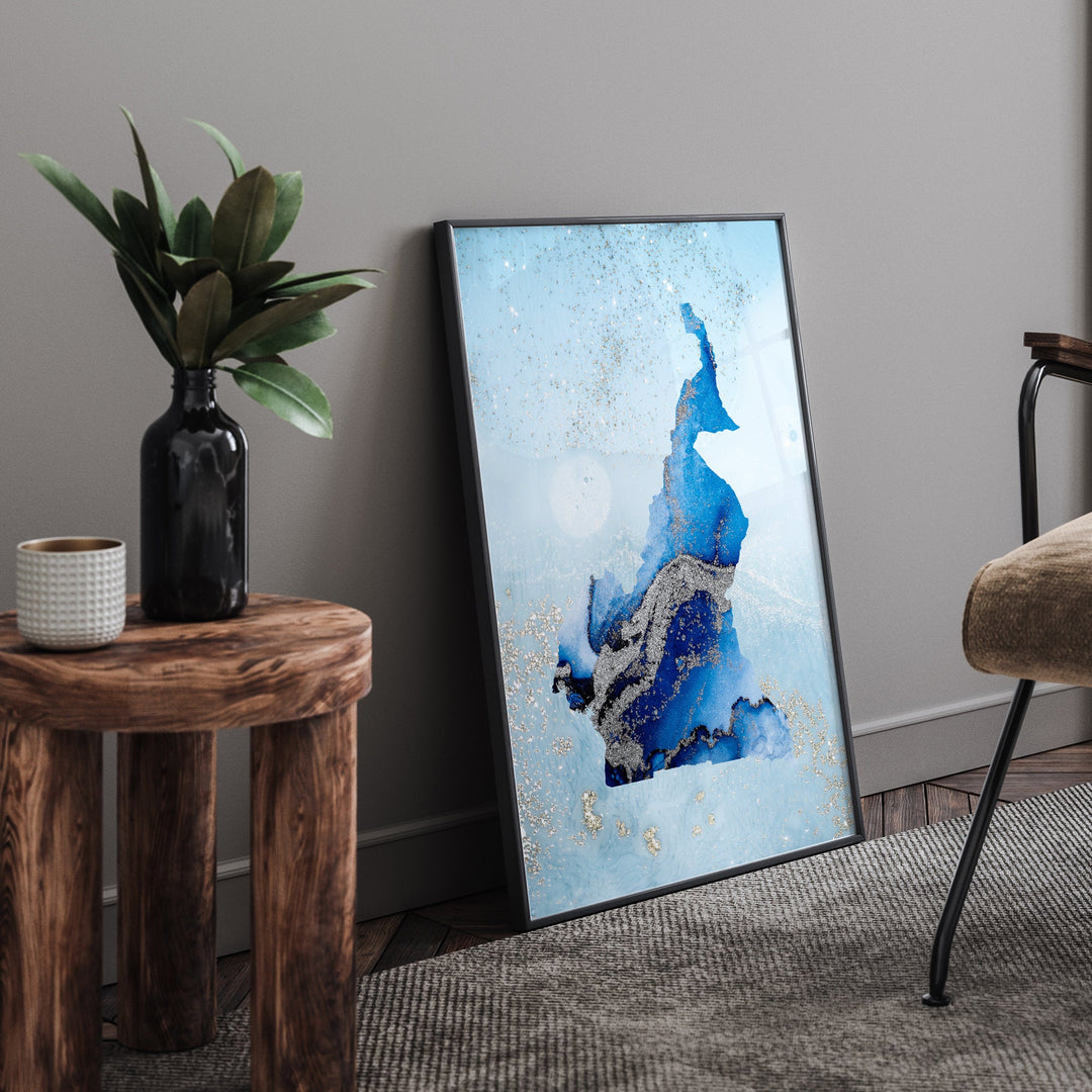 Cameroon Map Shades of Blue & Silver Wall Art Print
