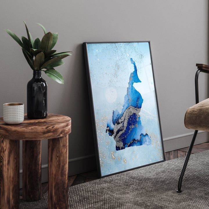 Cameroon Map Shades of Blue & Silver Wall Art Print