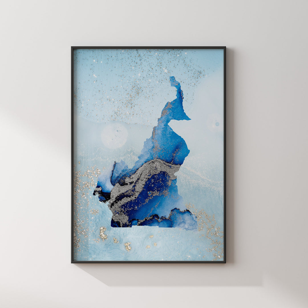 Cameroon Map Shades of Blue & Silver Wall Art Print