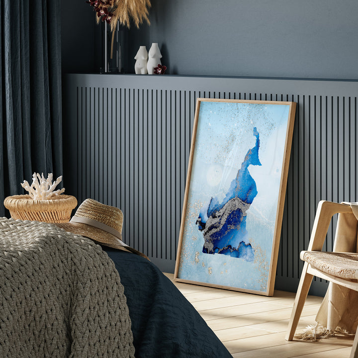 Cameroon Map Shades of Blue & Silver Wall Art Print