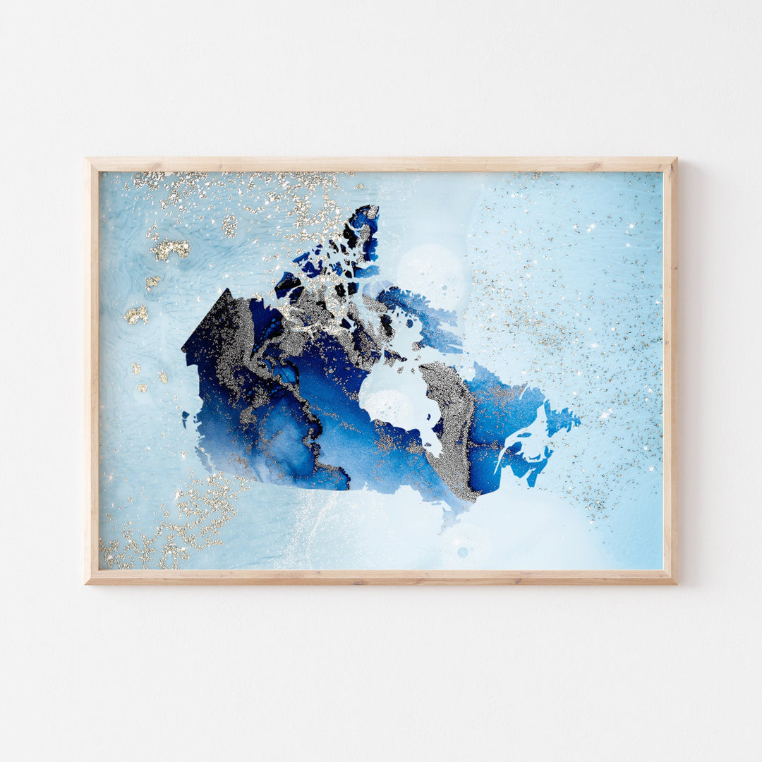 Canada Map Shades of Blue & Silver Wall Art Print
