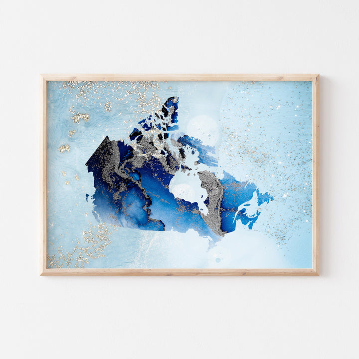 Canada Map Shades of Blue & Silver Wall Art Print