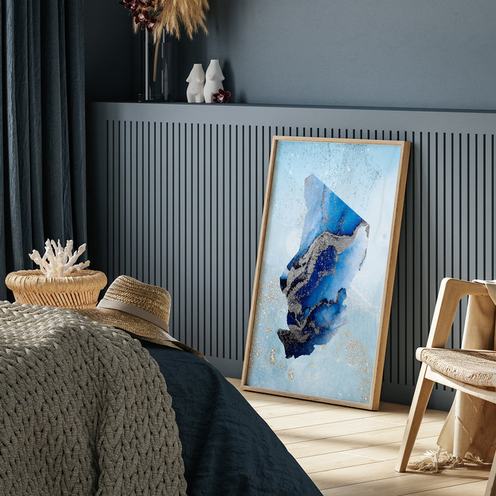 Chad Map Shades of Blue & Silver Wall Art Print