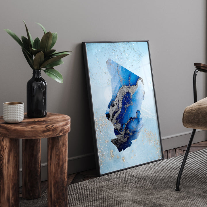 Chad Map Shades of Blue & Silver Wall Art Print