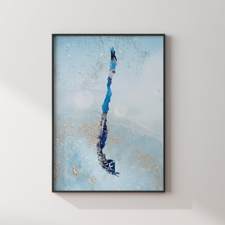 Chile Map Shades of Blue & Silver Wall Art Print