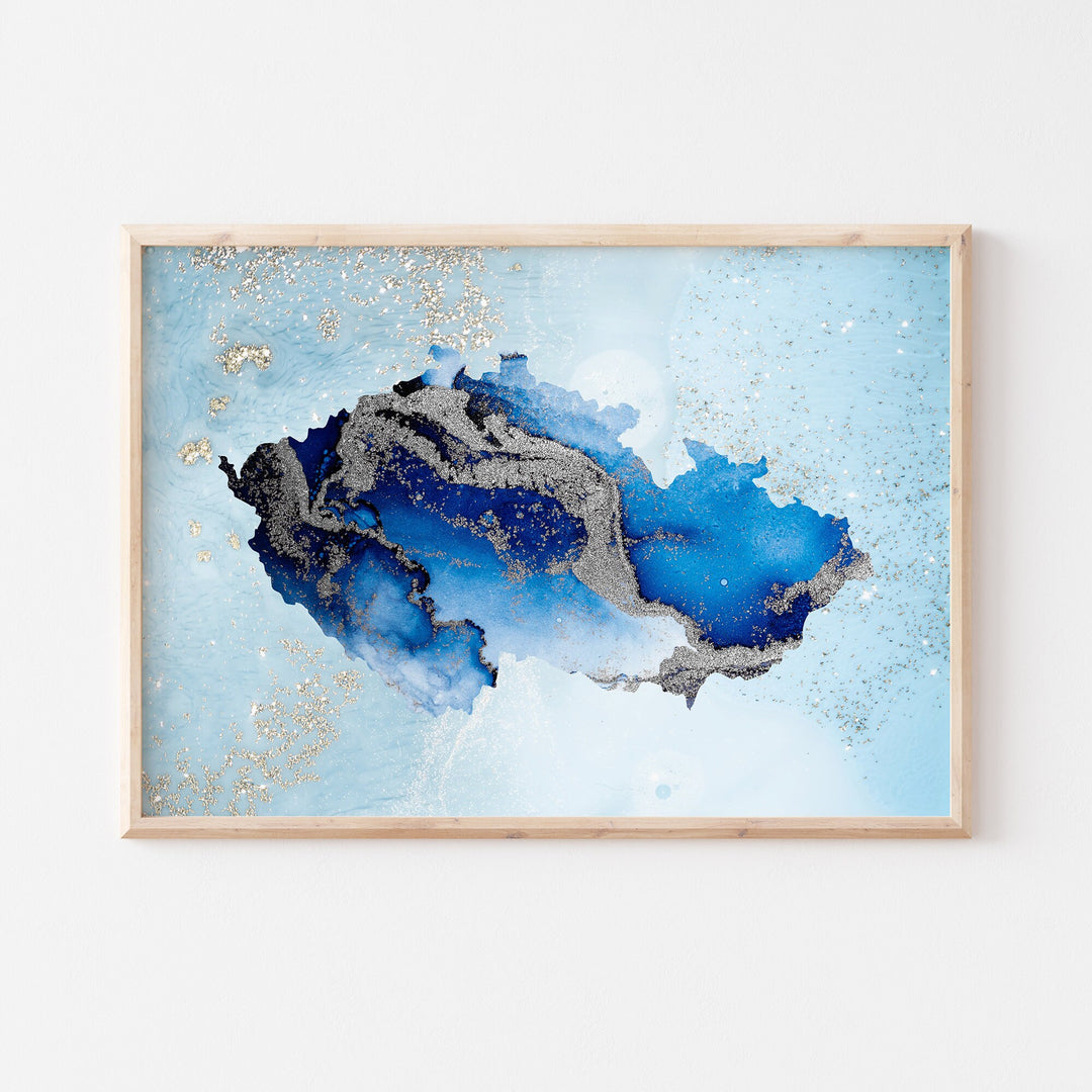 Czech Republic Map Shades of Blue & Silver Wall Art Print