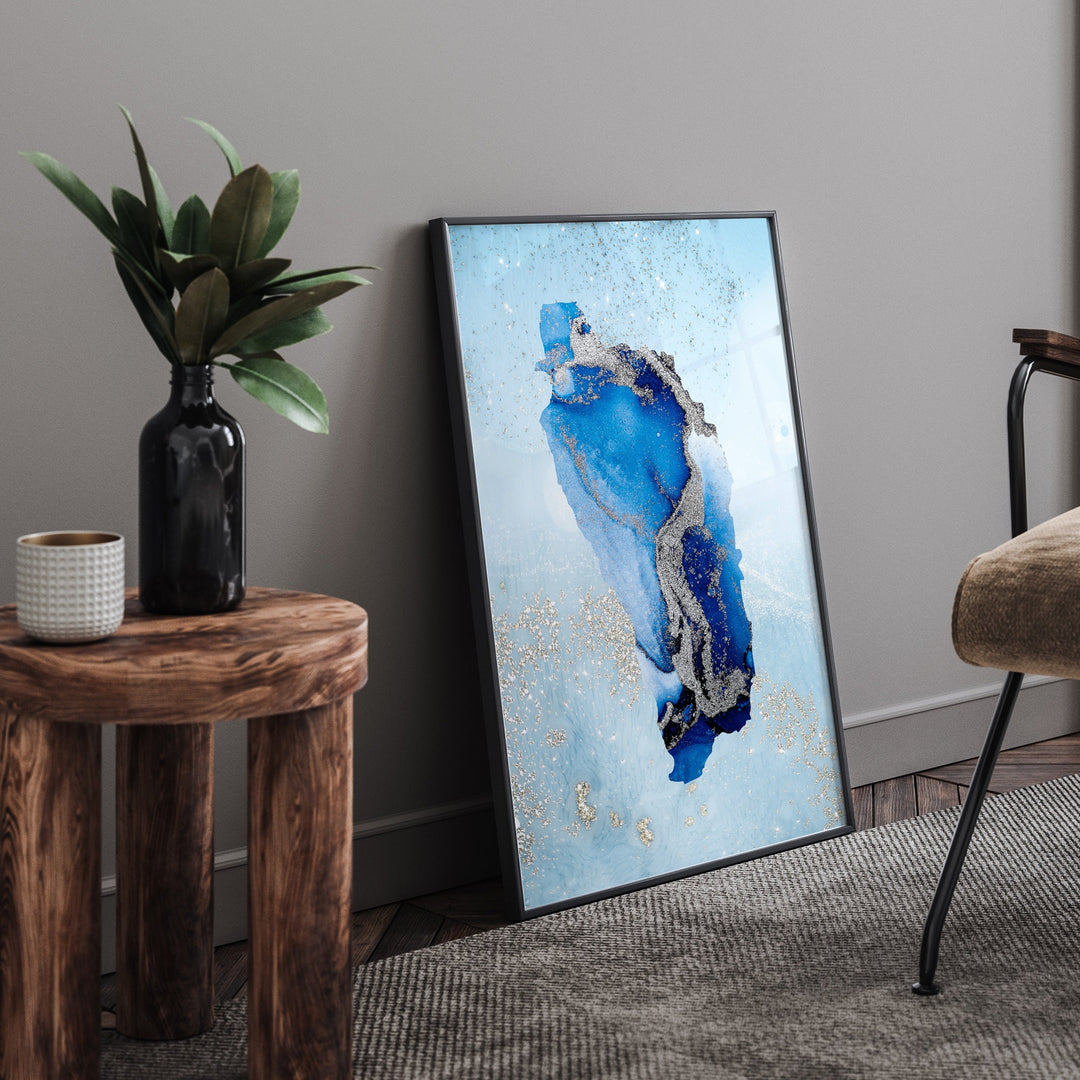 Dominica Map Shades of Blue & Silver Wall Art Print