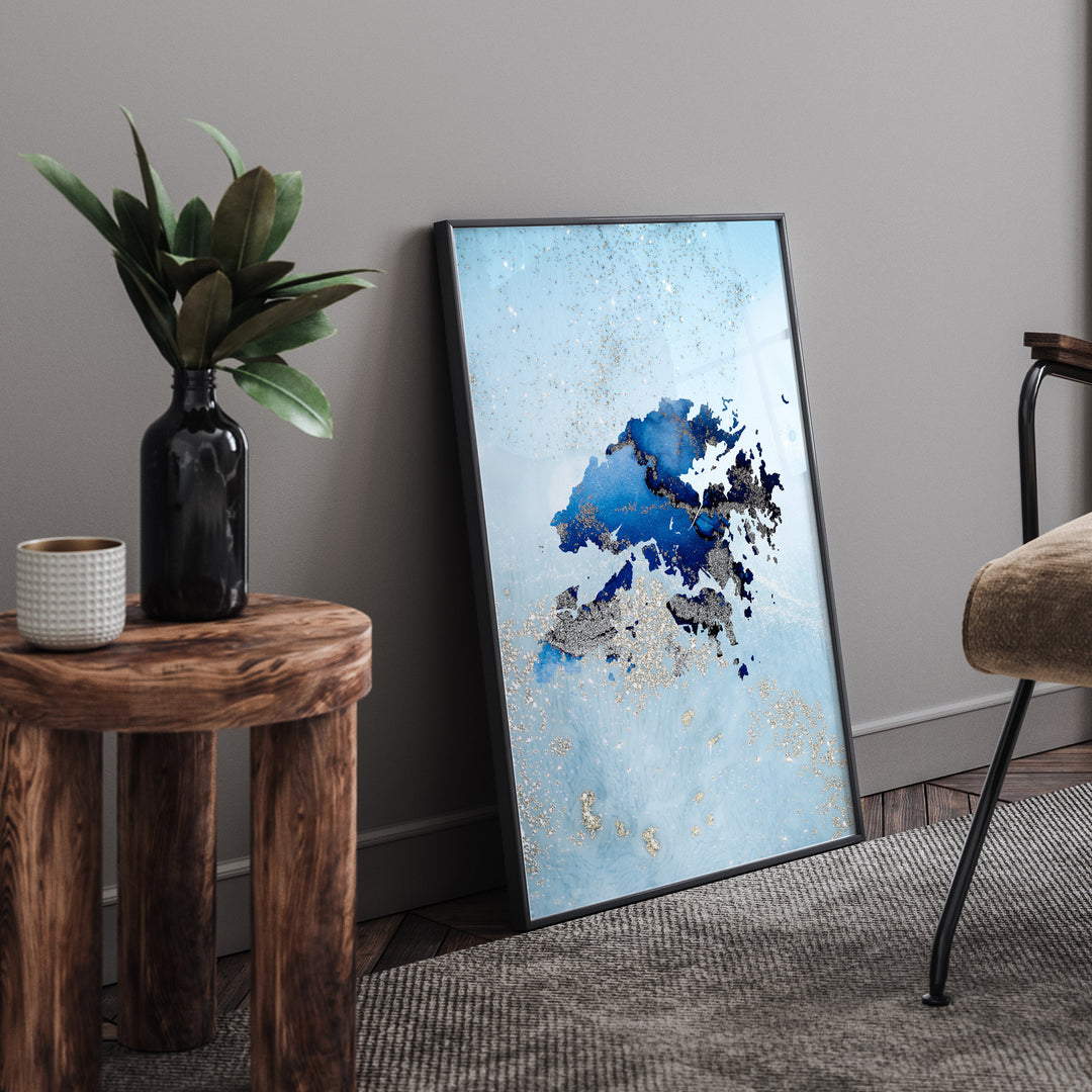 Hong Kong Map Shades of Blue & Silver Wall Art Print