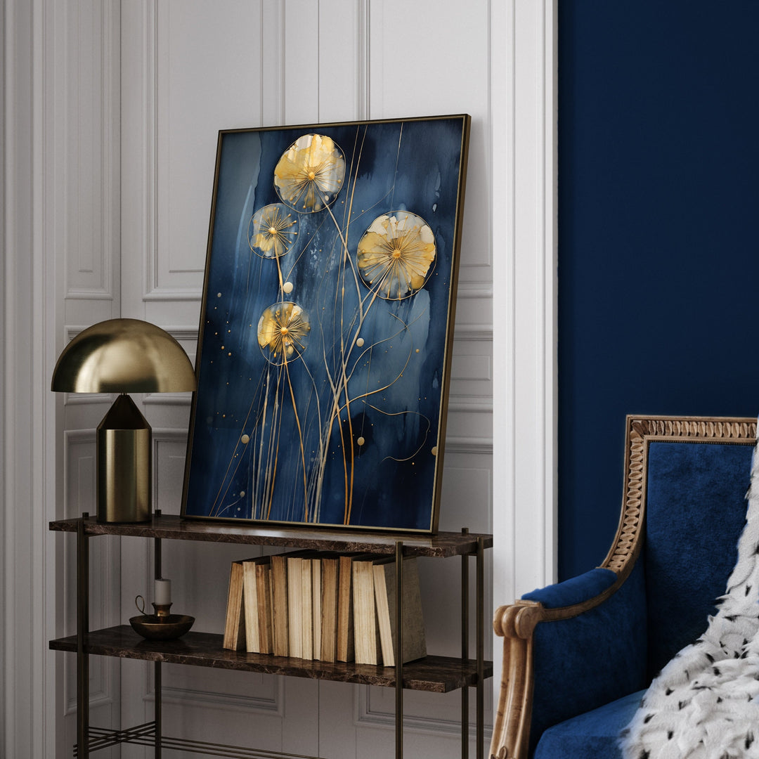 Navy Blue & Gold Dandelion Wall Art Print