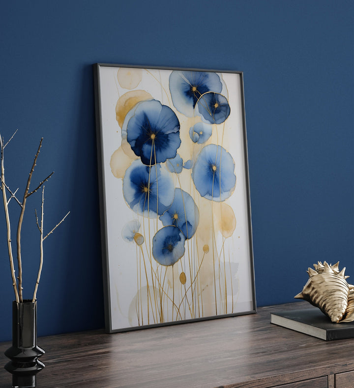 Watercolour Dandelion Painting Wall Art | Navy Blue & Gold Dandelions Wall Art Print