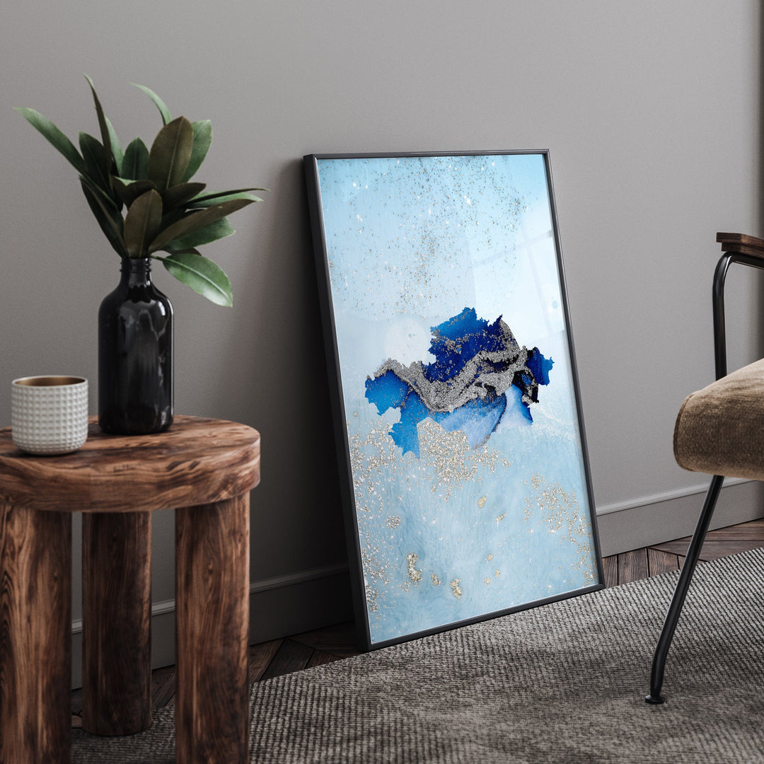 Kazakhstan Map Shades of Blue & Silver Wall Art Print