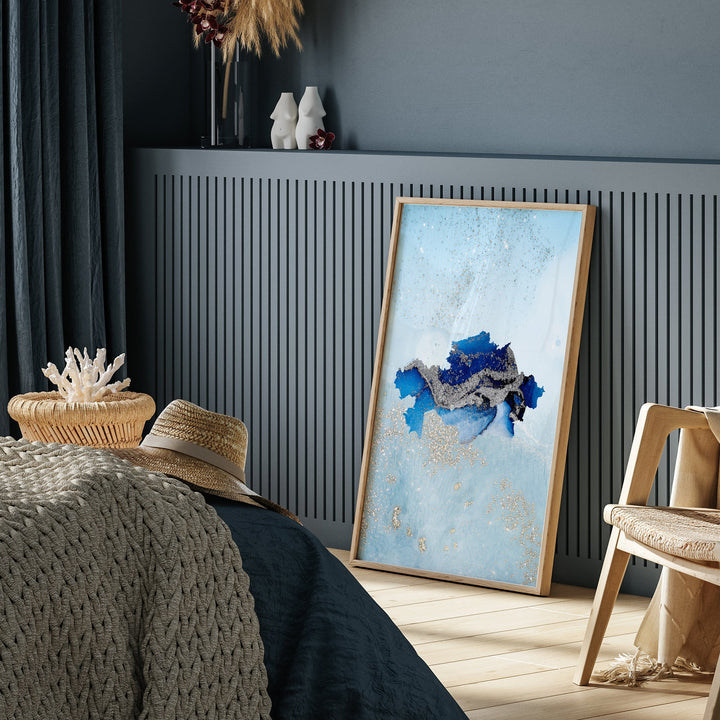 Kazakhstan Map Shades of Blue & Silver Wall Art Print