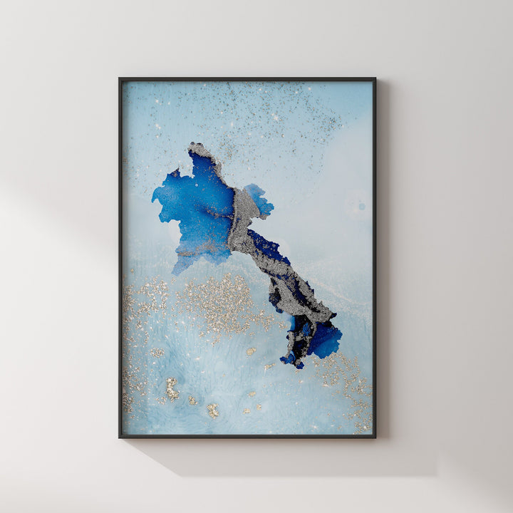 Laos Map Shades of Blue & Silver Wall Art Print
