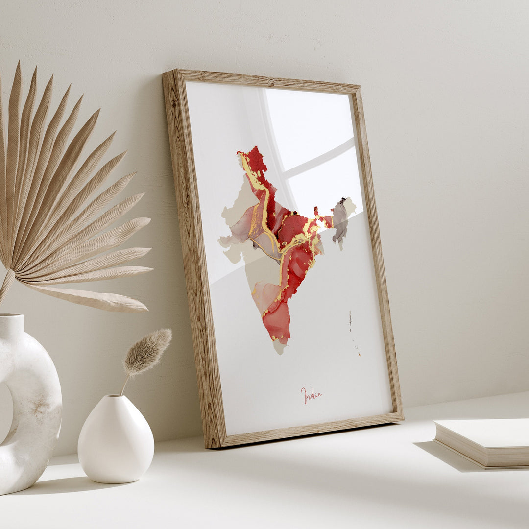 India Map Red & Gold Wall Art Print | Maroon Wall Art