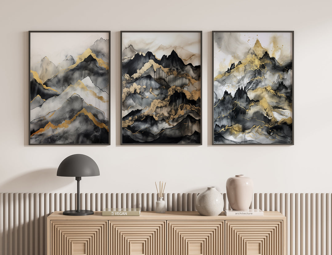 Set of 3 Black & Gold Wall Art | Mountains Theme