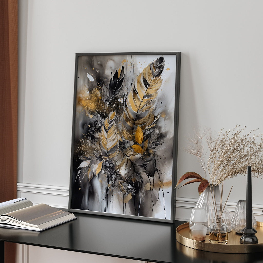 Black & Gold Wall Art Print | Feathers | Floral | Black and Gold Prints
