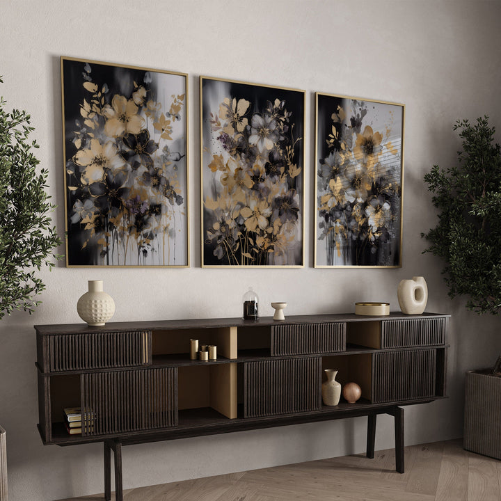 Set of 3 Black & Gold Wall Art | Flowers Theme | Floral Wall Art | Rose