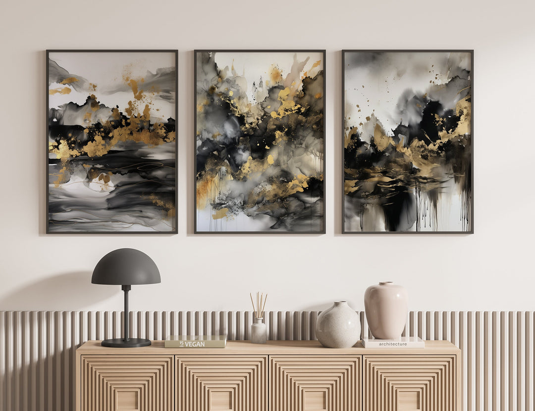 Set of 3 Black & Gold Wall Art | Mountains 2 Theme