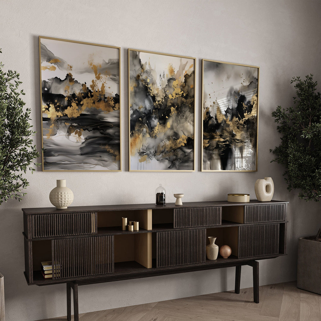 Set of 3 Black & Gold Wall Art | Mountains 2 Theme