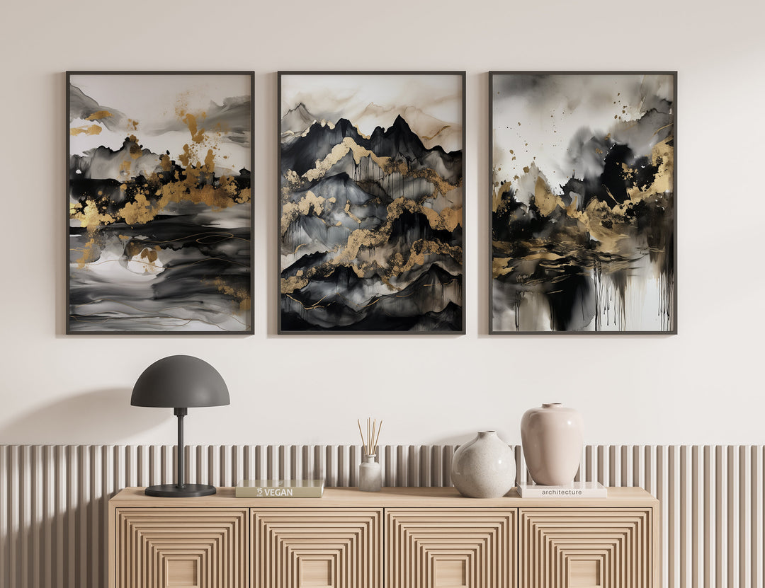 Set of 3 Black & Gold Wall Art | Mountains 3 Theme