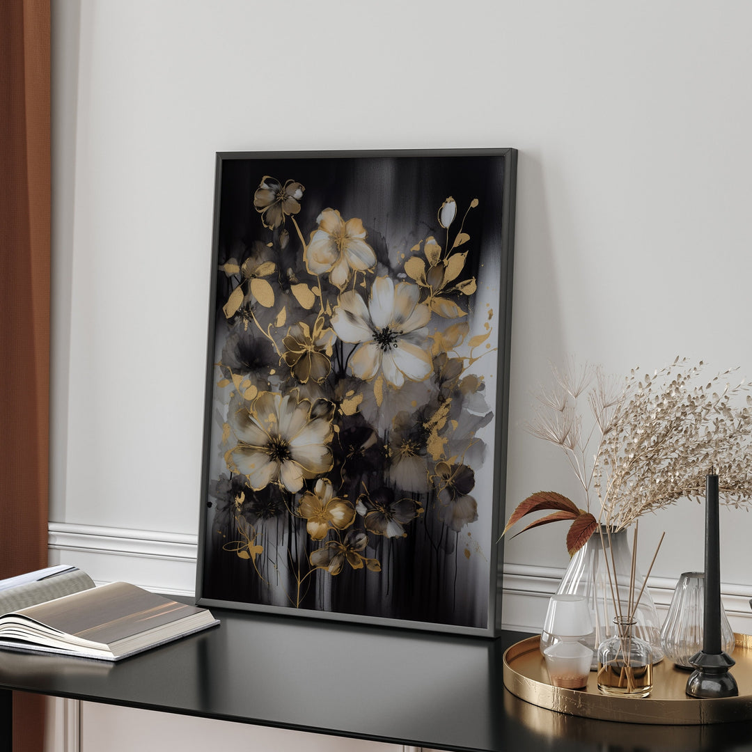 Black & Gold Floral Wall Art Print | Black and Gold Print | Flowers