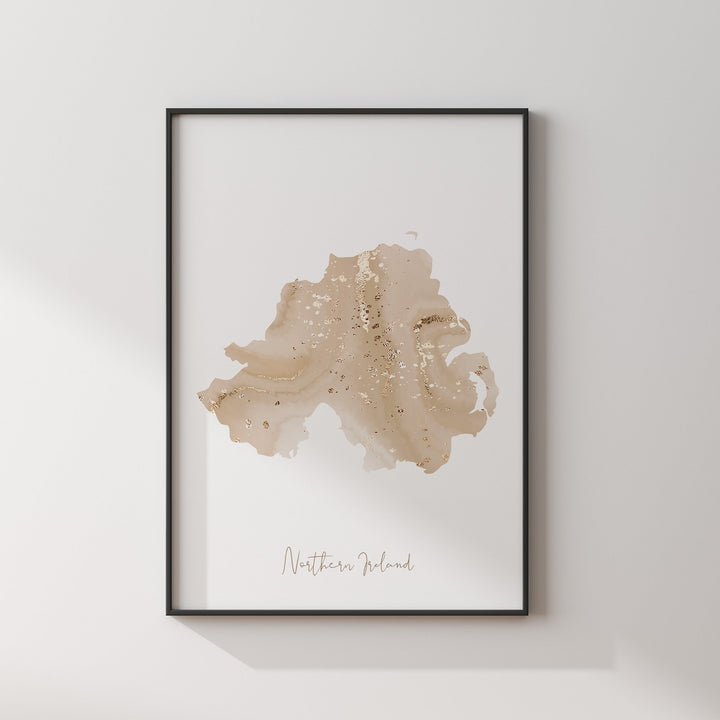 Northern Ireland Map Beige & Gold Wall Art Print | United Kingdom | Great Britain