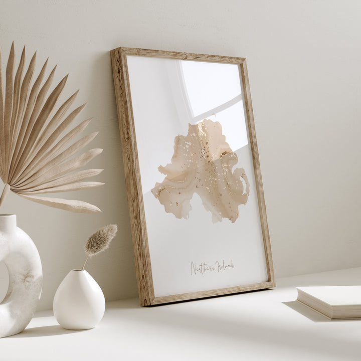 Northern Ireland Map Beige & Gold Wall Art Print | United Kingdom | Great Britain
