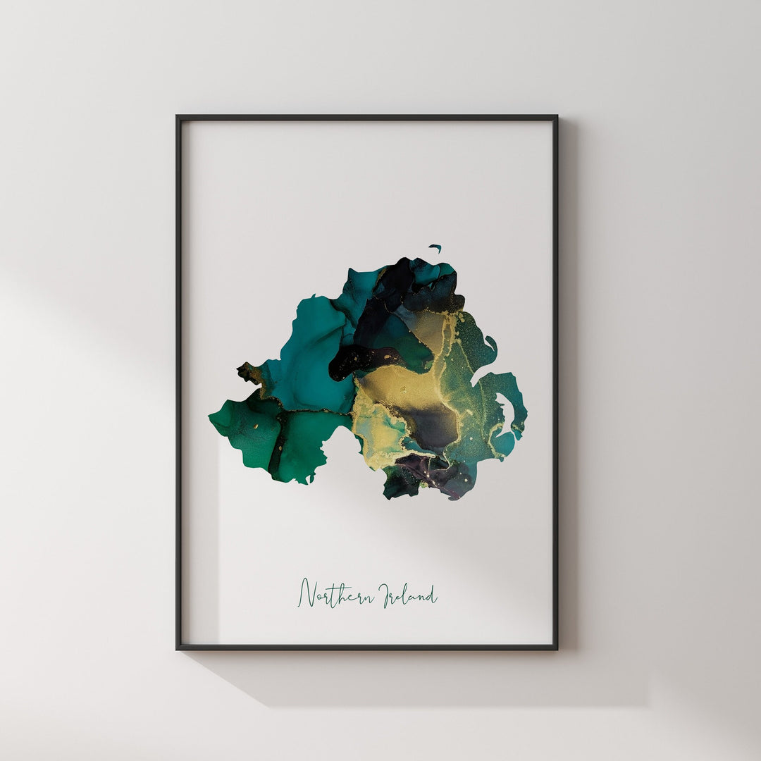 Northern Ireland Map Green & Gold Wall Art Print | United Kingdom | Great Britain | Emerald Green