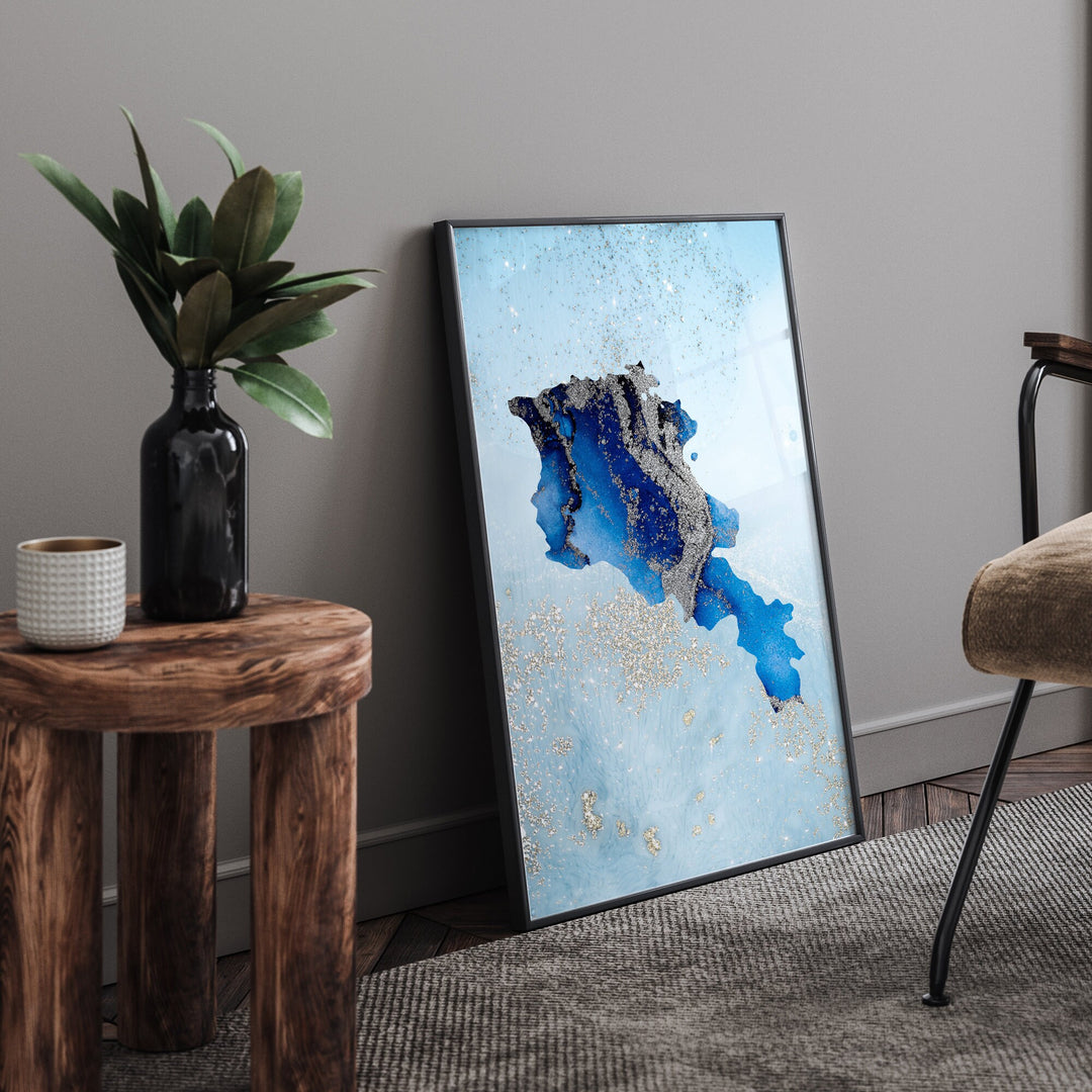 Armenia Map Shades of Blue & Silver Wall Art Print