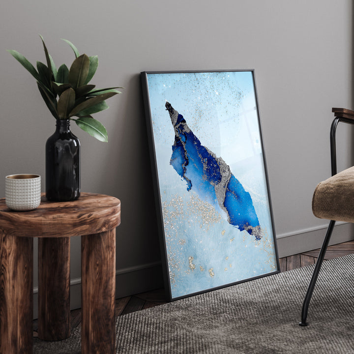 Aruba Map Shades of Blue & Silver Wall Art Print