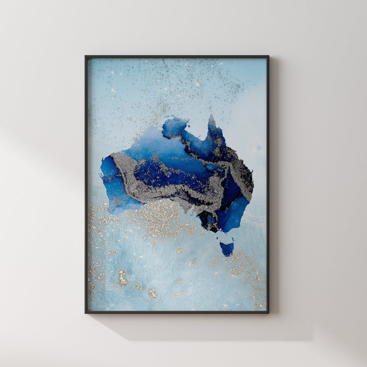 Australia Map Shades of Blue & Silver Wall Art Print
