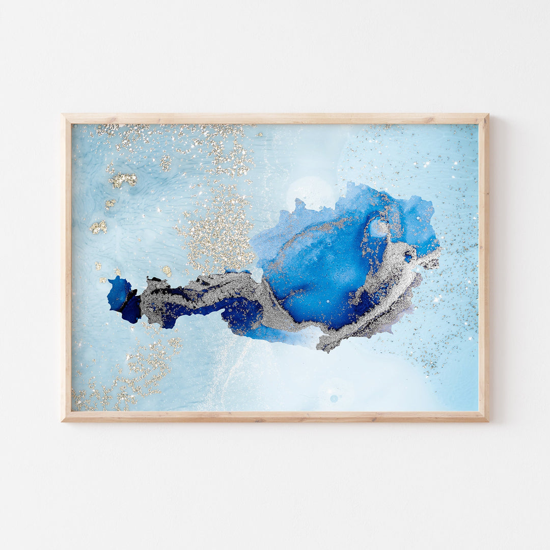 Austria Map Shades of Blue & Silver Wall Art Print