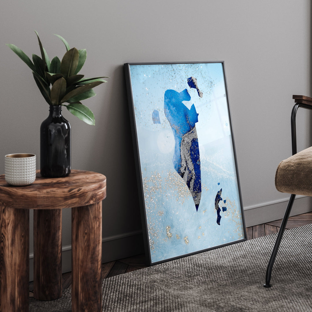 Bahrain Map Shades of Blue & Silver Wall Art Print