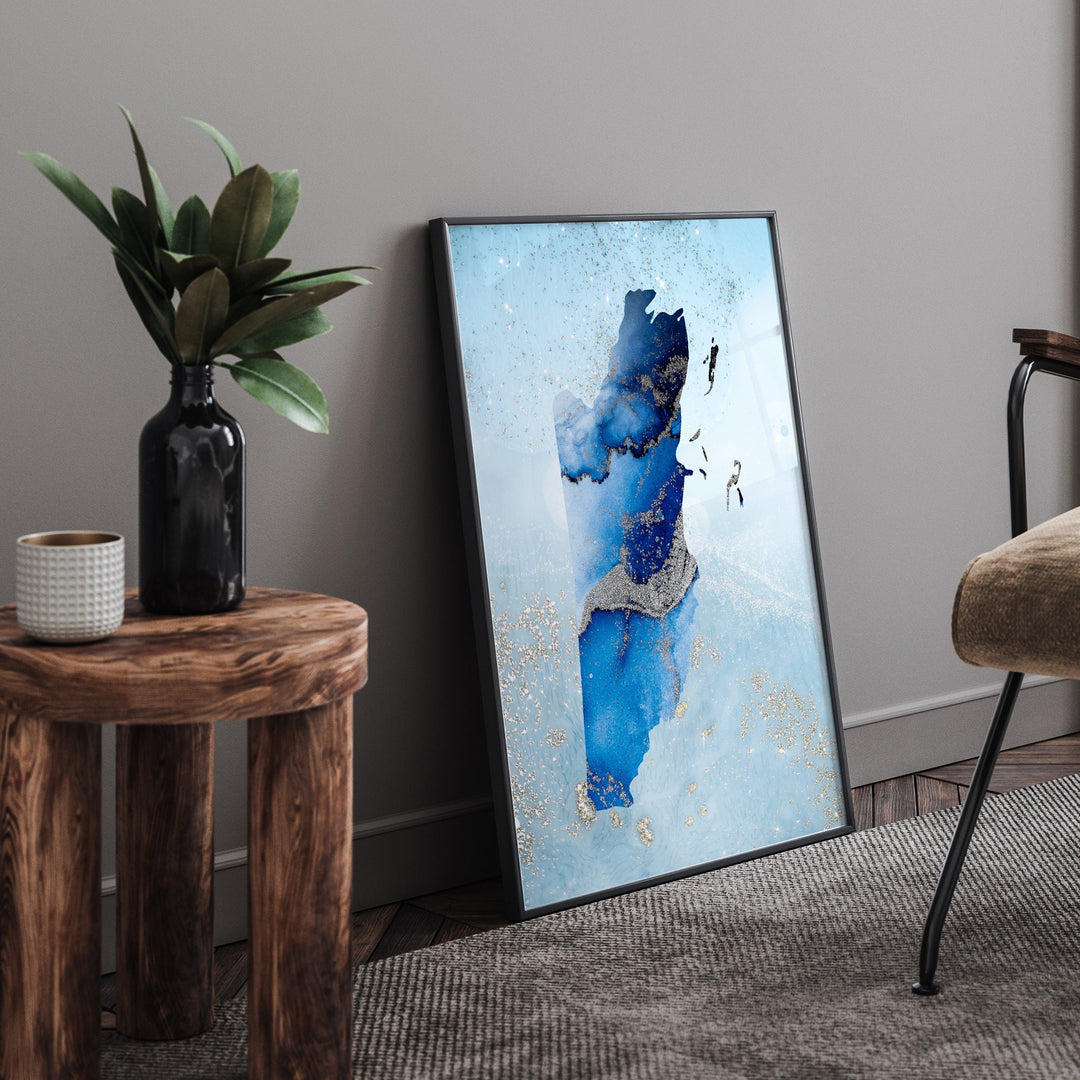 Belize Map Shades of Blue & Silver Wall Art Print