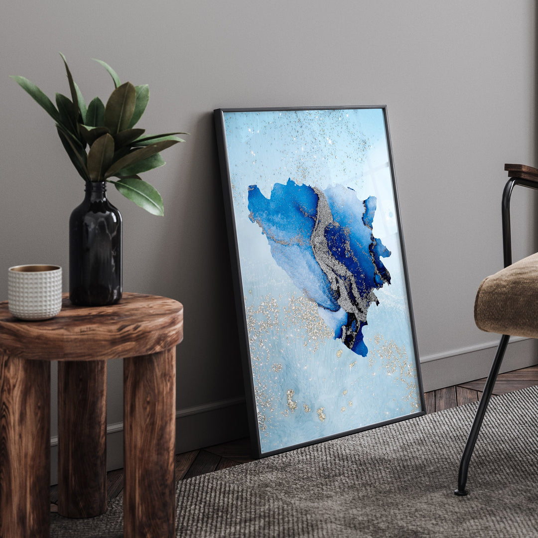 Bosnia and Herzegovina Map Shades of Blue & Silver Wall Art Print
