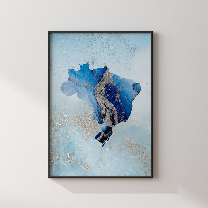 Brasil Map Shades of Blue & Silver Wall Art Print | Brazil