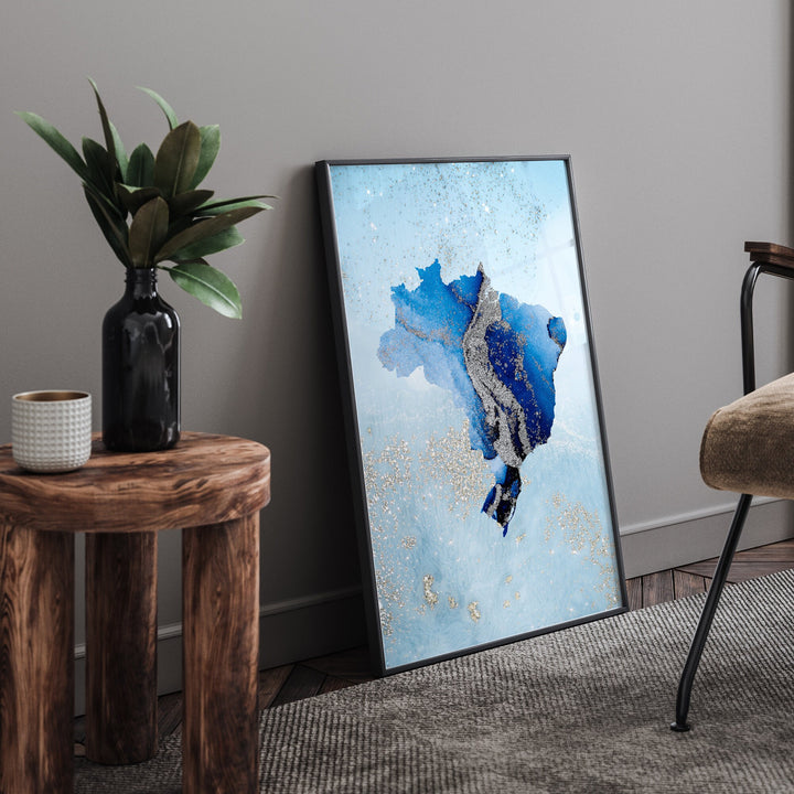 Brasil Map Shades of Blue & Silver Wall Art Print | Brazil