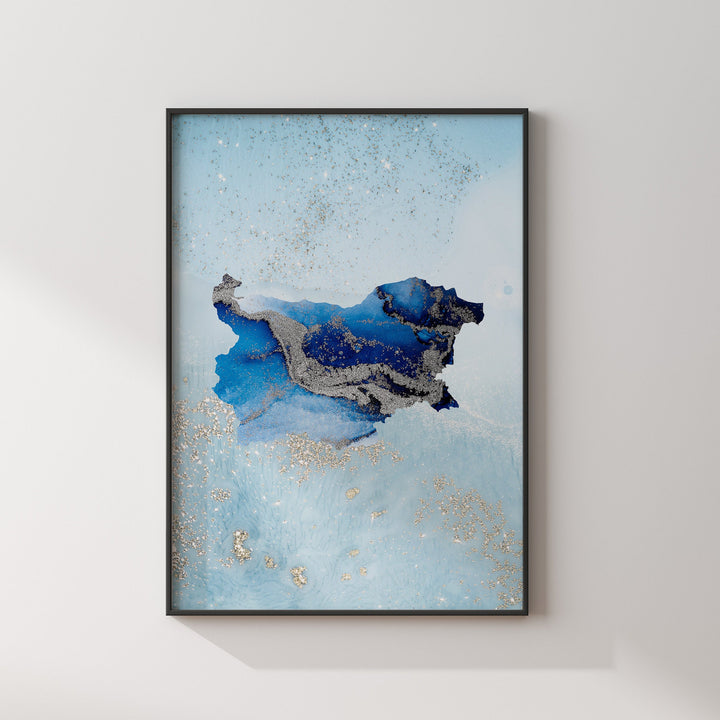Bulgaria Map Shades of Blue & Silver Wall Art Print