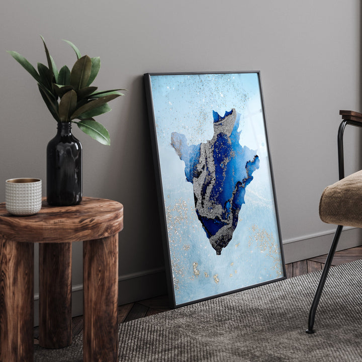 Burundi Map Shades of Blue & Silver Wall Art Print