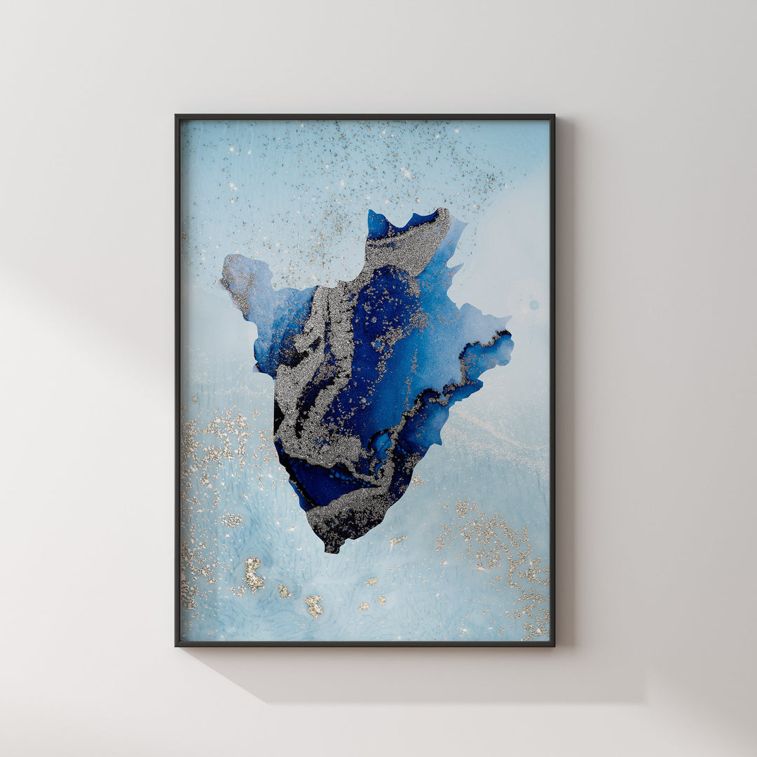Burundi Map Shades of Blue & Silver Wall Art Print