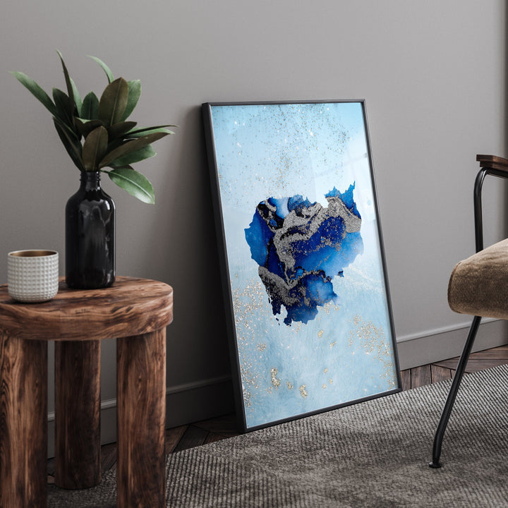 Cambodia Map Shades of Blue & Silver Wall Art Print