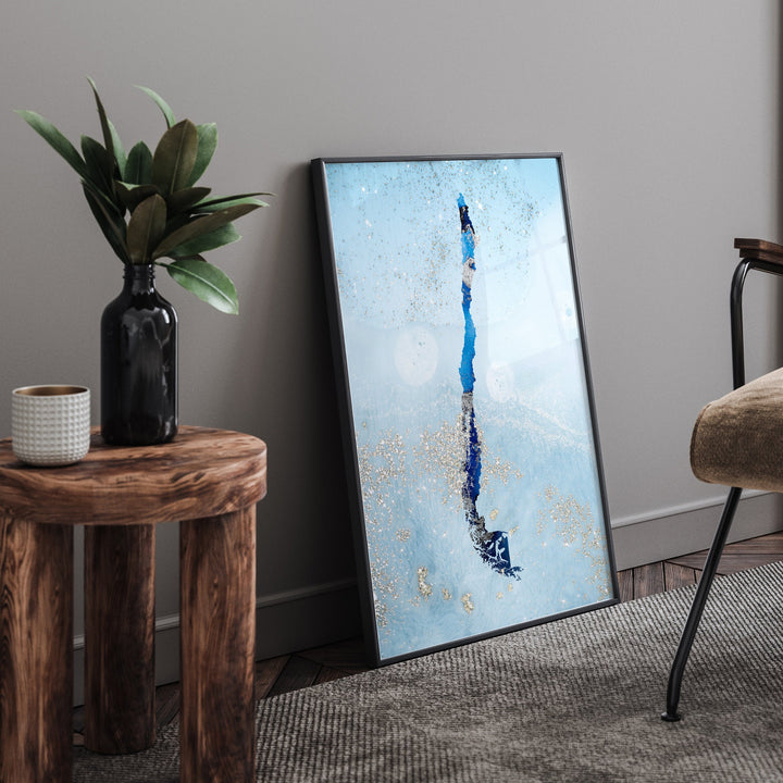 Chile Map Shades of Blue & Silver Wall Art Print