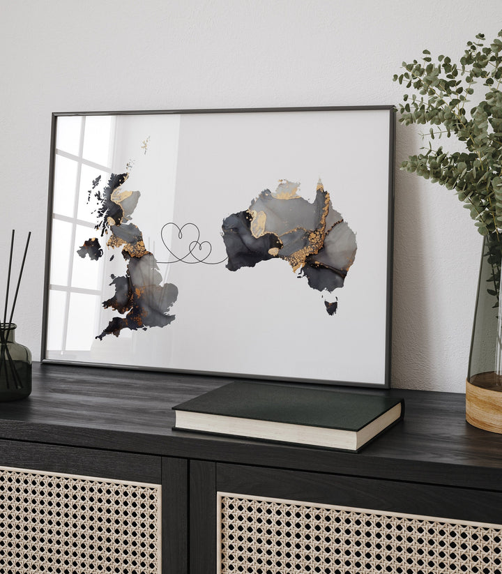 Custom Any Two Countries or US States Map Black & Gold Travel Wall Art Print
