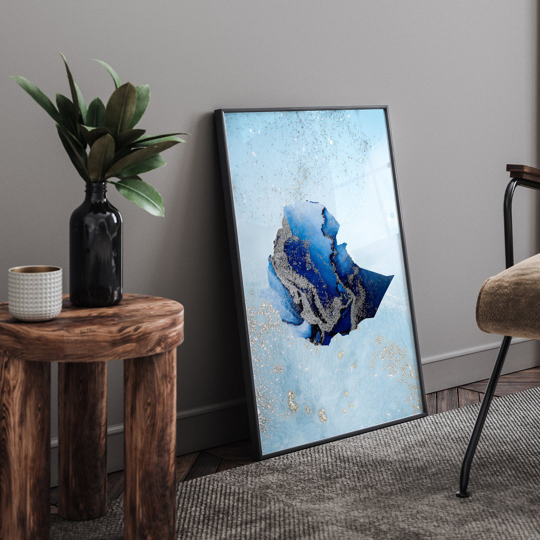 Ethopia Map Shades of Blue & Silver Wall Art Print
