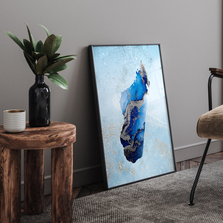 Madagascar Map Shades of Blue & Silver Wall Art Print