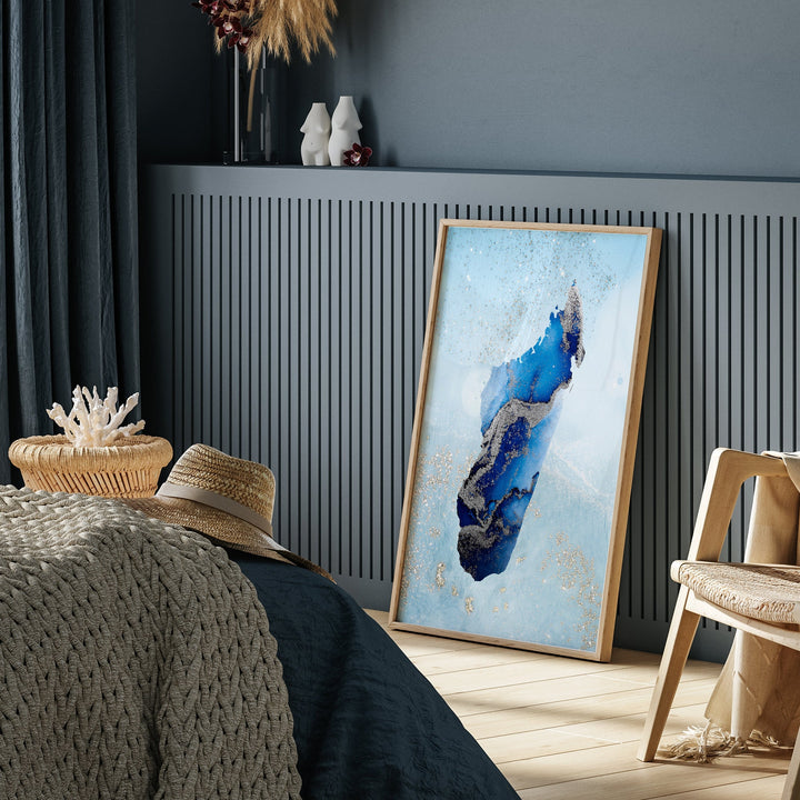 Madagascar Map Shades of Blue & Silver Wall Art Print